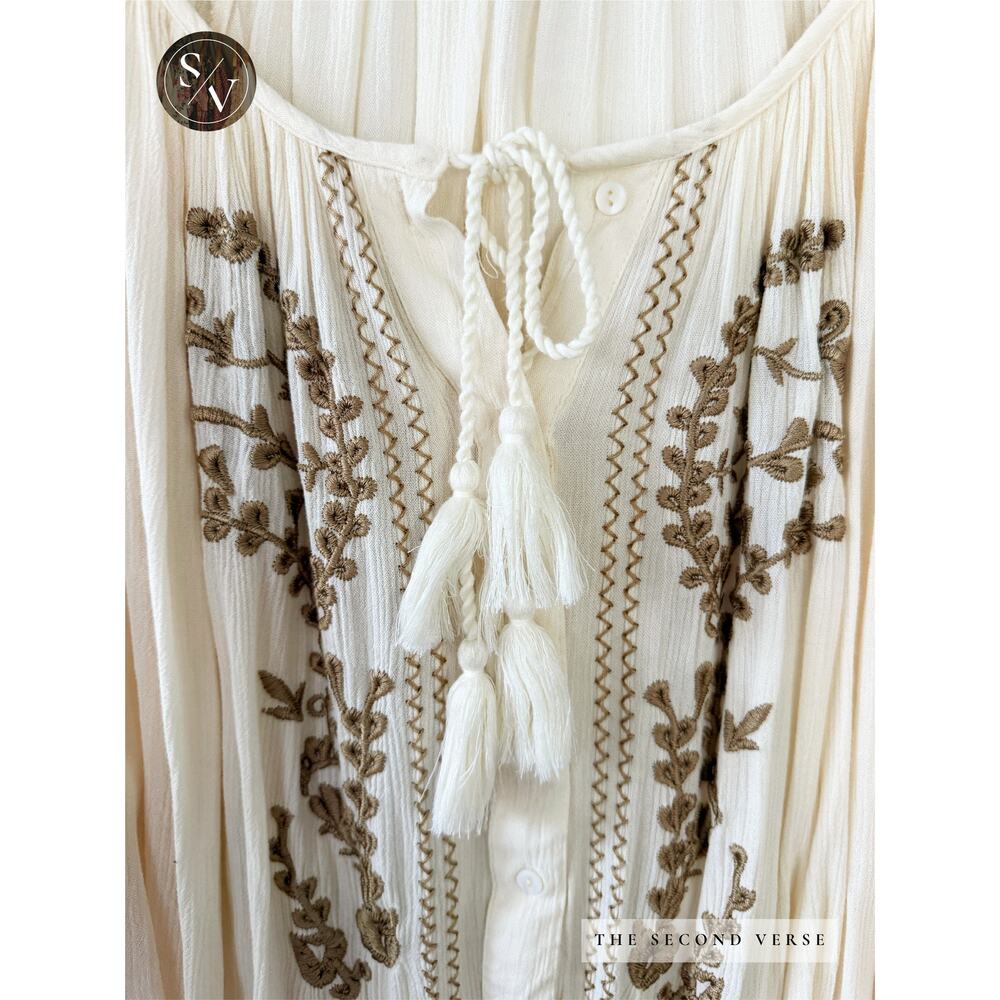 Karen Kane Long Sleeve Embroidery Crinkle Gauze Boho Top Cream Size Medium - Picture 4 of 13